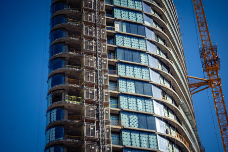 Tel Aviv, Israel, January 3, 2026 Detail of a building facade, illustrating the city unique...