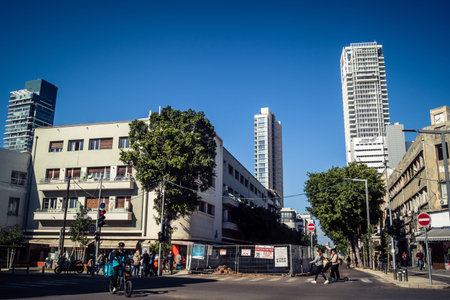 Tel Aviv, Israel, January 16, 2026 Building facade, illustrating the city unique architectural heritage. These structures, ranging from historic Bauhaus to modern residential designs.のeditorial素材