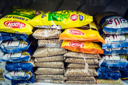 Hebron, West Bank, Palestine - February 12, 2026 Various consumer goods and daily supplies displayed...