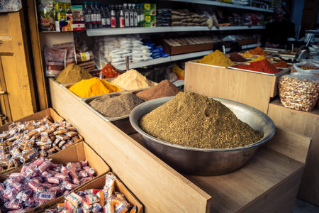 Hebron, West Bank, Palestine - February 12, 2026 Various traditional spices and aromatic powders on...