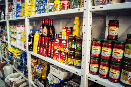 Hebron, West Bank, Palestine - February 12, 2026 Various consumer goods and daily supplies displayed...