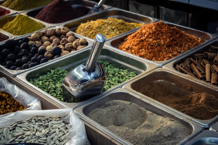 Hebron, West Bank, Palestine - February 12, 2026 Various traditional spices and aromatic powders on display at a market stall in Hebron. Local trade and commerce in the Palestinian territory.のeditorial素材