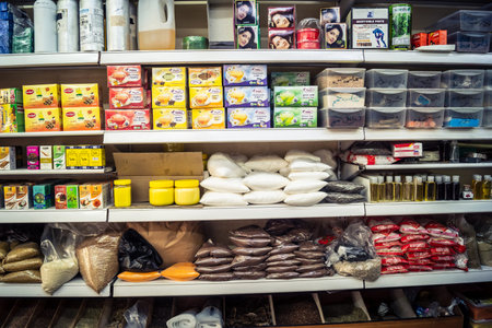 Hebron, West Bank, Palestine - February 12, 2026 Various consumer goods and daily supplies displayed...