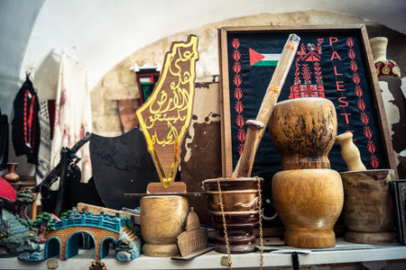 Hebron, Palestinian Territory, February 5, 2026 Local souvenir shop in the old city. Traditional handicrafts, ceramics, and cultural items displayed for visitors in the historic district of Hebron.のeditorial素材