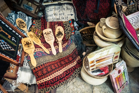 Hebron, Palestinian Territory, February 5, 2026 Local souvenir shop in the old city. Traditional handicrafts, ceramics, and cultural items displayed for visitors in the historic district of Hebron.のeditorial素材