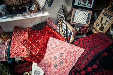 Hebron, Palestinian Territory, February 5, 2026 Local souvenir shop in the old city. Traditional handicrafts, ceramics, and cultural items displayed for visitors in the historic district of Hebron.のeditorial素材