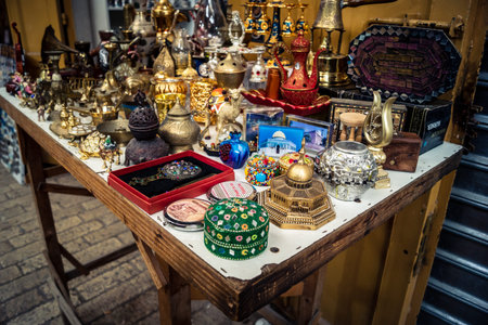 Hebron, West Bank, February 9, 2026 Traditional handicrafts and souvenirs displayed in a shop in the...