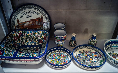 Hebron, West Bank, February 9, 2026 Traditional handicrafts and souvenirs displayed in a shop in the Old City of Hebron. A glimpse of local culture and resilience in the historic City of Abraham.のeditorial素材