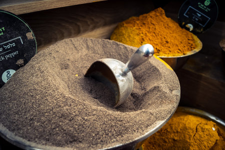Jerusalem, Israel - February 17, 2026 Exploration of traditional spices at Mahane Yehuda Market, showcasing vibrant colors, exotic textures and culinary heritage in this iconic urban location.のeditorial素材