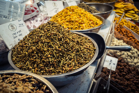 Jerusalem, Israel - February 17, 2026 Exploration of traditional spices at Mahane Yehuda Market, showcasing vibrant colors, exotic textures and culinary heritage in this iconic urban location.のeditorial素材