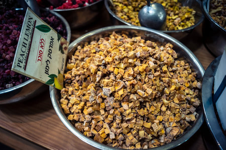 Jerusalem, Israel - February 17, 2026 Exploration of traditional dried fruits, vegetables and flowers at Mahane Yehuda Market, showcasing vibrant colors and textures in this iconic urban location.のeditorial素材