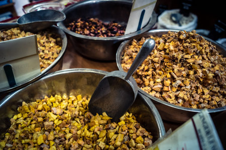 Jerusalem, Israel - February 17, 2026 Exploration of traditional dried fruits, vegetables and flowers at Mahane Yehuda Market, showcasing vibrant colors and textures in this iconic urban location.のeditorial素材