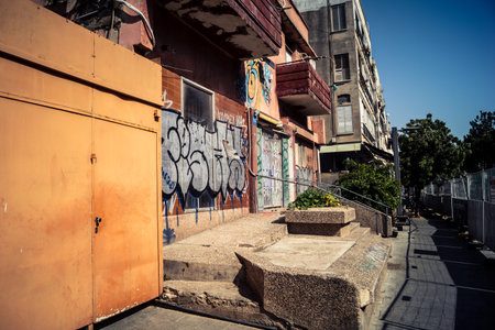 Tel Aviv, Israel, March 12, 2026 Daily life and urban environment on Chlenov Street in the southern district of Tel Aviv. The area is known for its diverse population and complex social landscape within the city's expanding urban fabric.のeditorial素材