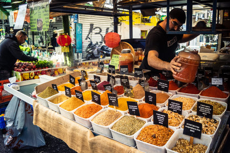 Tel Aviv, Israel, January 5, 2026 Daily life and morning bustle at the Carmel Market (Shuk HaCarmel), largest open-air marketplace. Local vendors and authentic street scenes in the heart of Tel Aviv.のeditorial素材