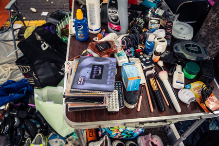 Tel Aviv, Israel, January 23, 2026 General view of the Shuk Hapishpishim flea market. Vendors display a variety of antiques, vintage goods, and local crafts, reflecting the multicultural of the city.のeditorial素材