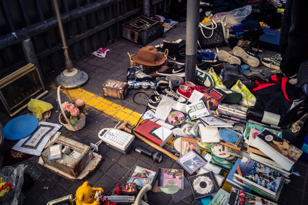 Tel Aviv, Israel, January 23, 2026 General view of the Shuk Hapishpishim flea market. Vendors display a variety of antiques, vintage goods, and local crafts, reflecting the multicultural of the city.のeditorial素材