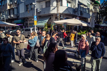 Tel Aviv, Israel, January 16, 2026 People in a vibrant daily scene at the heart of the famous...