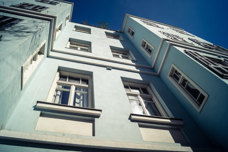 Tel Aviv, Israel, February 26 2026, Sheinkin Street View, rhythmic Bauhaus geometry, shadow interplay on minimalist volumes, deep atmospheric sky, vertical structural alignment, urban textures and cascading light observed by I.C.R.U.のeditorial素材