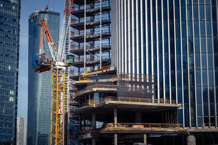 Tel Aviv, Israel, March 6, 2026 Ground view of a high-rise residential building under construction in central Tel Aviv, skeletal steel and cranes silhouetted against the sky near the Kaplan-Begin intersection. Security forces are seen patrolling the perimのeditorial素材