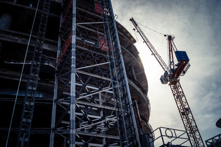 Tel Aviv, Israel, March 6, 2026 Ground view of a high-rise residential building under construction...