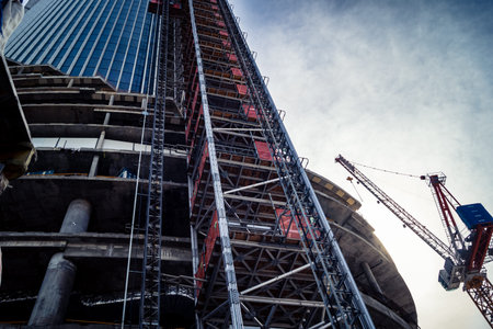 Tel Aviv, Israel, March 6, 2026 Ground view of a high-rise residential building under construction...