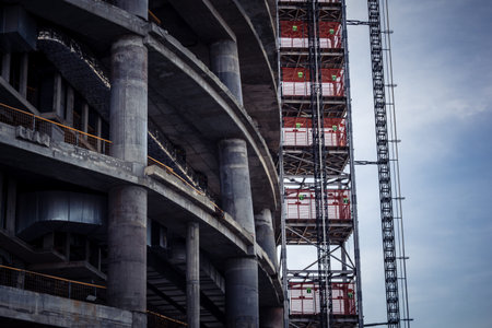 Tel Aviv, Israel, March 6, 2026 Ground view of a high-rise residential building under construction...