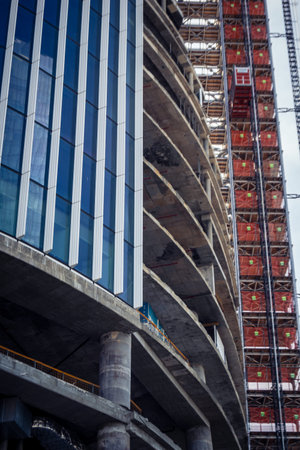 Tel Aviv, Israel, March 6, 2026 Ground view of a high-rise residential building under construction...