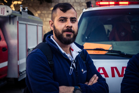 Bethlehem, West Bank, December 24, 2025 Medical emergency teams from the Red Crescent in Manger...