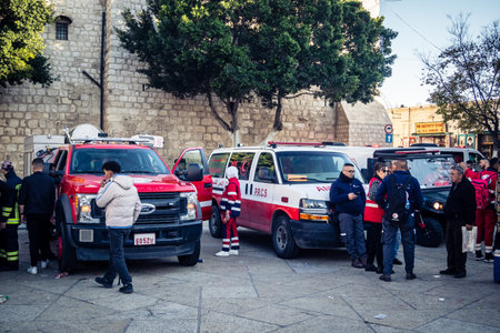 Bethlehem, West Bank, December 24, 2025 Medical emergency teams from the Red Crescent in Manger...