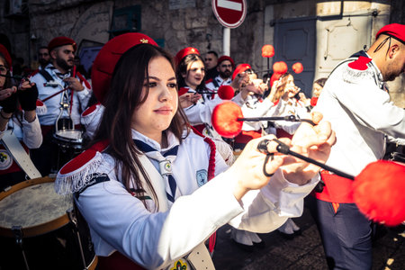 Bethlehem, West Bank, December 24, 2025 Close-up details of a Palestinian scout marching band during...