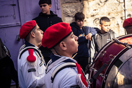 Bethlehem, West Bank, December 24, 2025 Palestinian scout marching band performs during the...