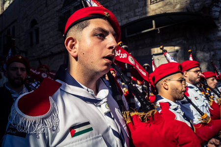 Bethlehem, West Bank, December 24, 2025 Close-up details of a Palestinian scout marching band during...