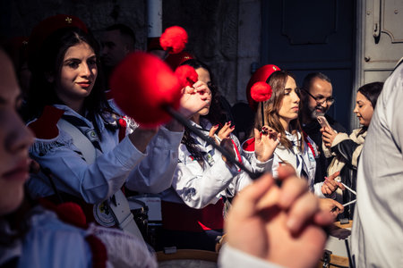 Bethlehem, West Bank, December 24, 2025 Palestinian scout marching band performs during the...