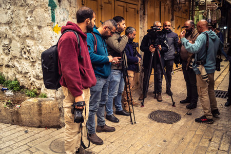 Hebron, Palestinian Territory, February 5, 2026 Professional Palestinian journalists and local media crews documenting the daily reality and ongoing situation on the ground in the heart of West Bank.のeditorial素材
