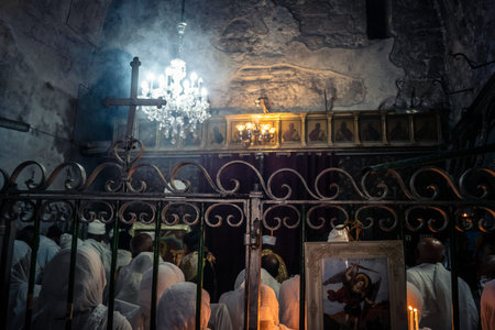 Jerusalem, Israel, 19 February 2026 Ethiopian Coptic Christian believers praying and prostrating...