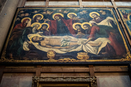 Jerusalem, Israel - February 21, 2026: Interior of the Church of the Holy Sepulchre featuring sacred paintings, religious icons and ancient christian architecture in the heart of the Old City.のeditorial素材