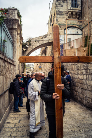 Jerusalem, Israel, 19 February 2026  Italian Christian pilgrims led by a priest conduct an official...