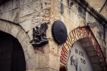 Jerusalem, Israel, 19 February 2026 The historic Via Dolorosa path in the Old City. Ancient stone streets where pilgrims follow the stations of the cross in a tradition of faith and history.のeditorial素材