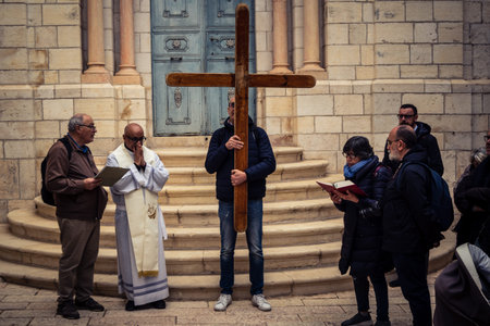 Jerusalem, Israel, 19 February 2026  Italian Christian pilgrims led by a priest conduct an official...