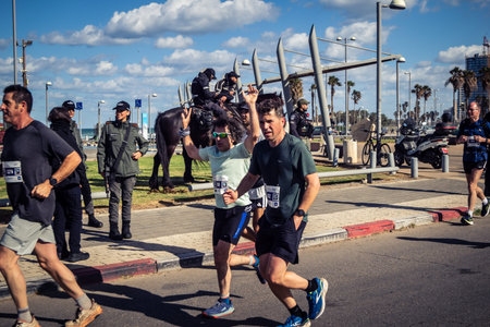 Tel Aviv, Israel, February 27, 2026 Large crowd of runners competing in the streets during the...