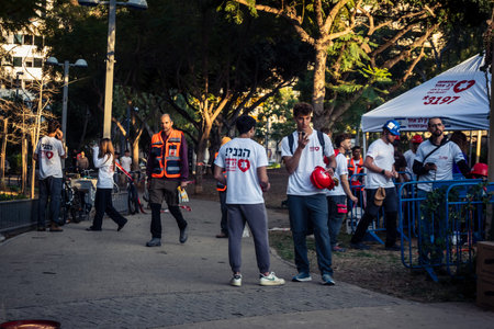 Tel Aviv, Israel, March 1, 2026 Volunteers organizing logistics and primary assistance for residents...