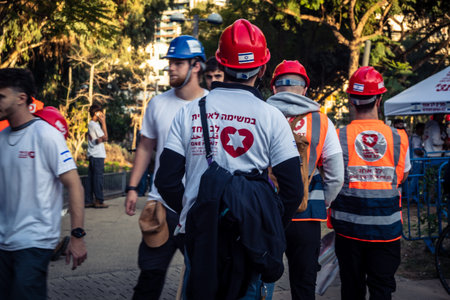Tel Aviv, Israel, March 1, 2026 Volunteers organizing logistics and primary assistance for residents...
