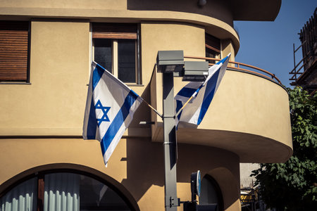 Tel Aviv, Israel, March 12, 2026 The national flag of Israel with the Star of David and the...