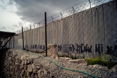 Bethlehem, West Bank, Palestine, March 23, 2026 Sharp coils of razor wire and heavy duty security...