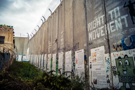 Bethlehem, West Bank, Palestine, March 23, 2026 Sharp coils of razor wire and heavy duty security...