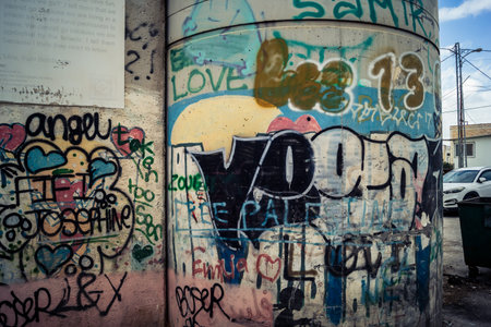 Bethlehem, West Bank, Palestine, March 23, 2026 Colorful and provocative political graffiti, murals,...