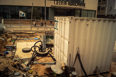 Tel Aviv, Israel, March 14, 2026 Construction equipment for the new tramway stands motionless during...