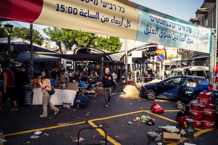 Tel Aviv, Israel, January 23, 2026 General view of the Shuk Hapishpishim flea market. Vendors...