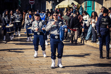 Bethlehem, West Bank, December 24, 2025 Palestinian scout marching band performs during the...