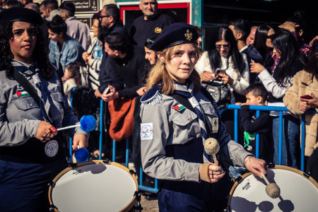 Bethlehem, West Bank, December 24, 2025 Close-up details of a Palestinian scout marching band during...